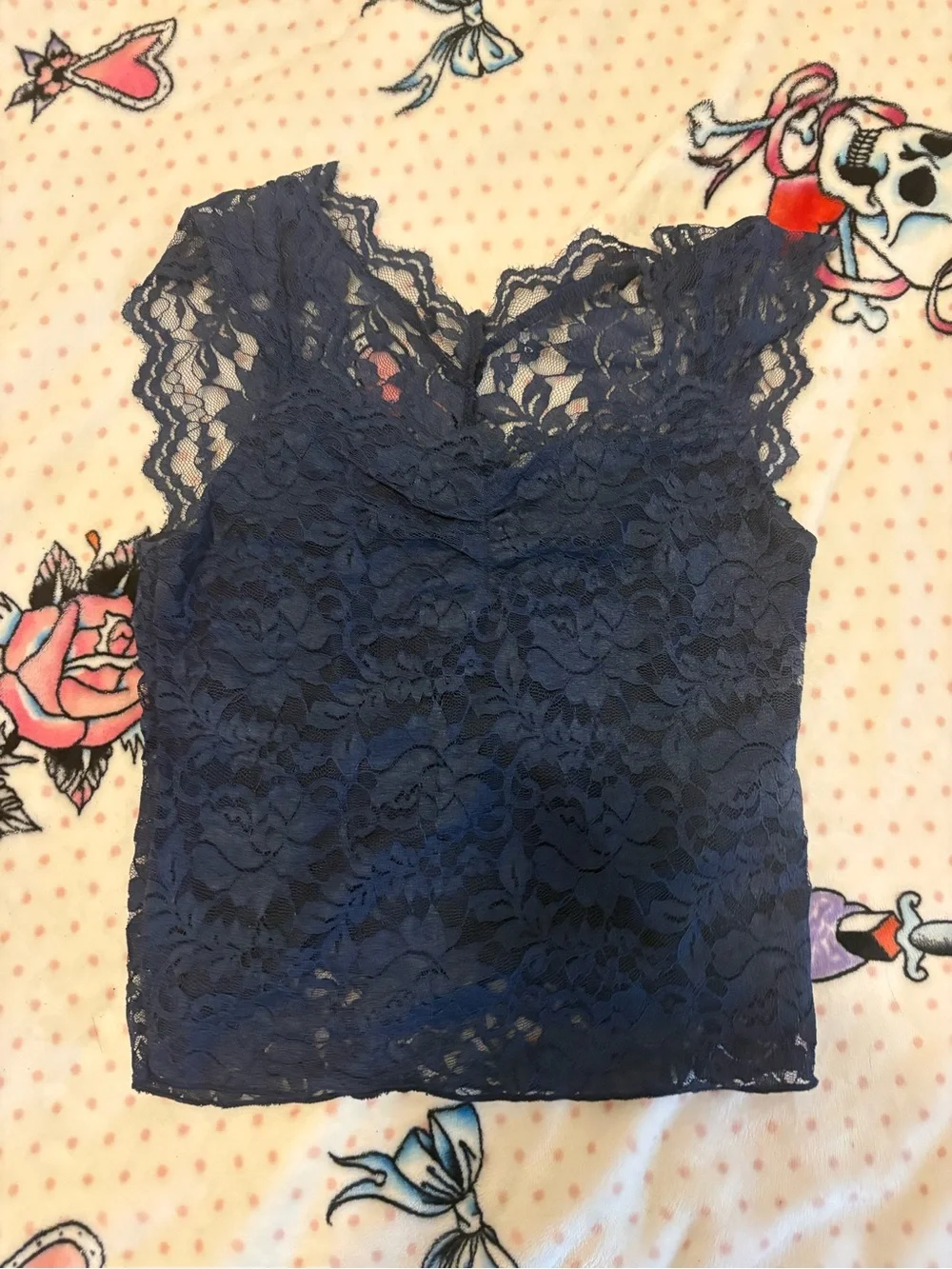 Lace V-Neck Crop Top - Navy